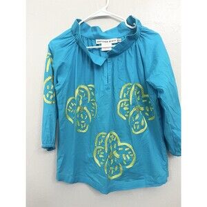 Gretchen Scott Ruffle Neck Top 3/4 Sleeve XS Embroidered Blue Coastal Glam Shirt